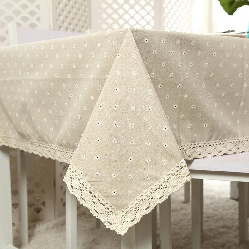 Floral Tablecloth with Lace Edge Cotton Linen Cover for Dining Table Square Rectangle - 90*90CM