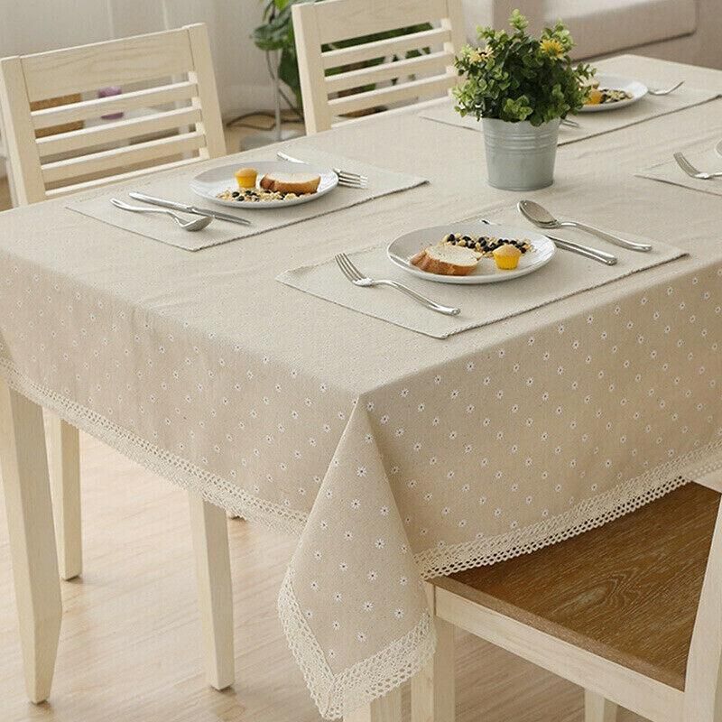 Floral Tablecloth with Lace Edge Cotton Linen Cover for Dining Table Square Rectangle - 90*90CM