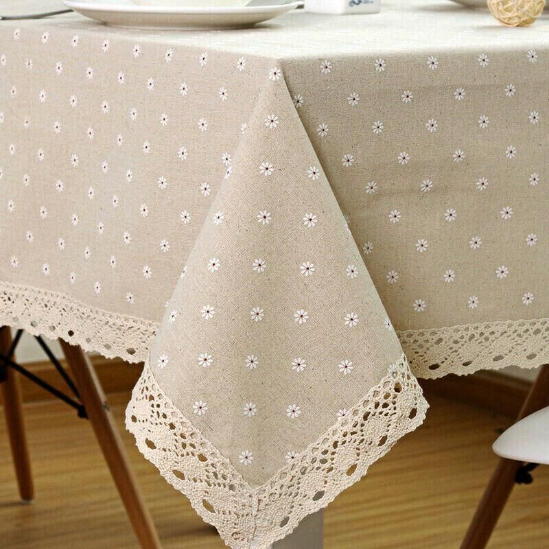 Floral Tablecloth with Lace Edge Cotton Linen Cover for Dining Table Square Rectangle - 90*90CM