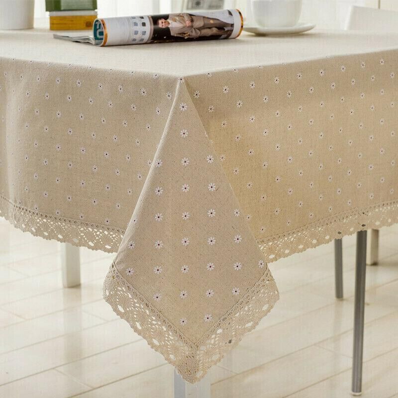 Floral Tablecloth with Lace Edge Cotton Linen Cover for Dining Table Square Rectangle - 140*180CM