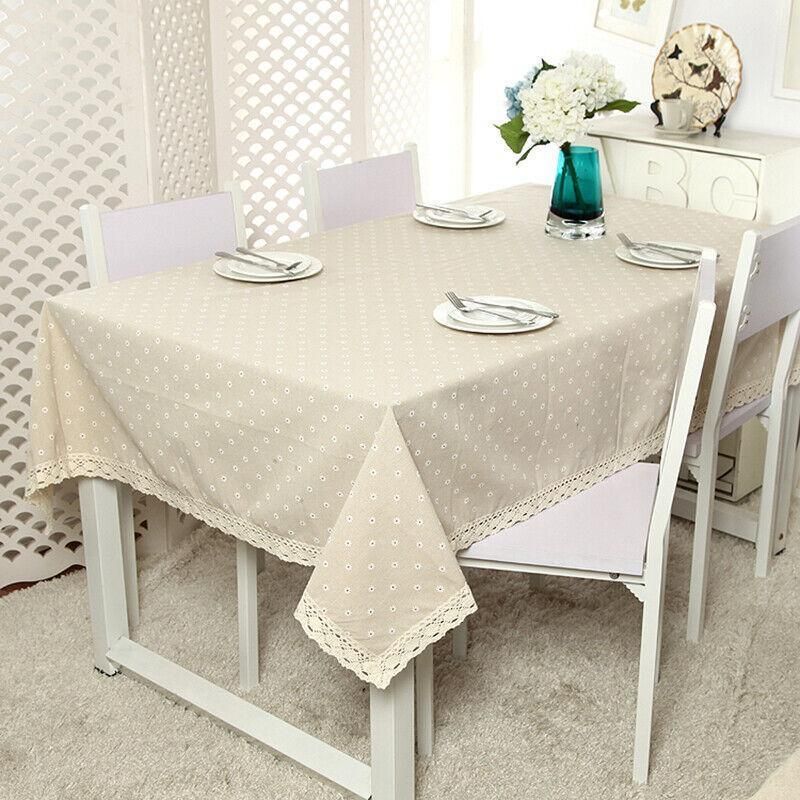Floral Tablecloth with Lace Edge Cotton Linen Cover for Dining Table Square Rectangle - 140*180CM