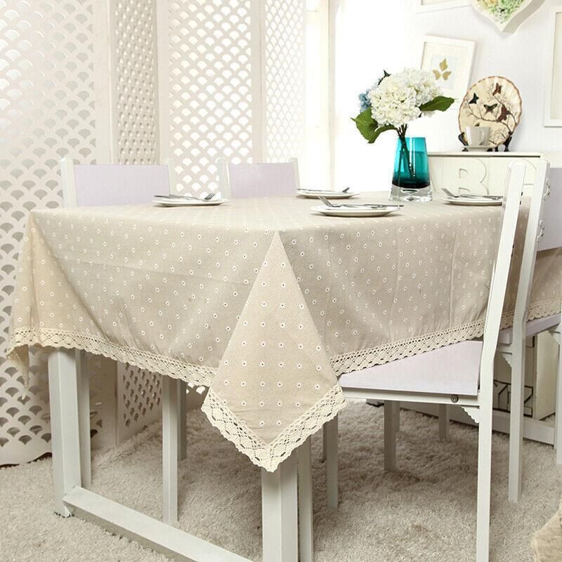Floral Tablecloth with Lace Edge Cotton Linen Cover for Dining Table Square Rectangle - 140*180CM