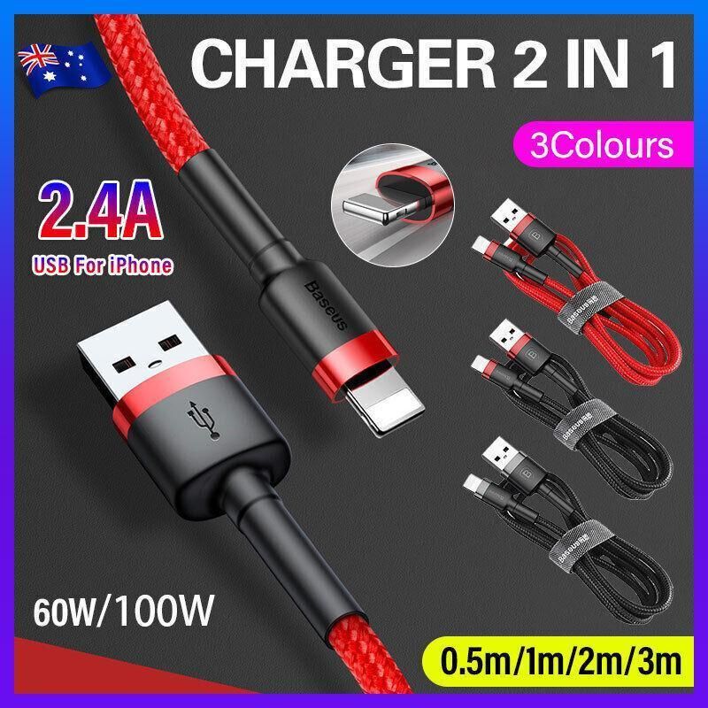 Grey Black Genuine BASEUS 2.4A USB to Lighting Charging Cable Cord for iPhone 13 12 Pro XS - 3 m