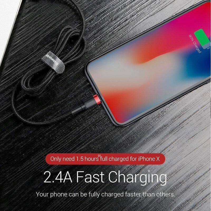 Grey Black Genuine BASEUS 2.4A USB to Lighting Charging Cable Cord for iPhone 13 12 Pro XS - 3 m