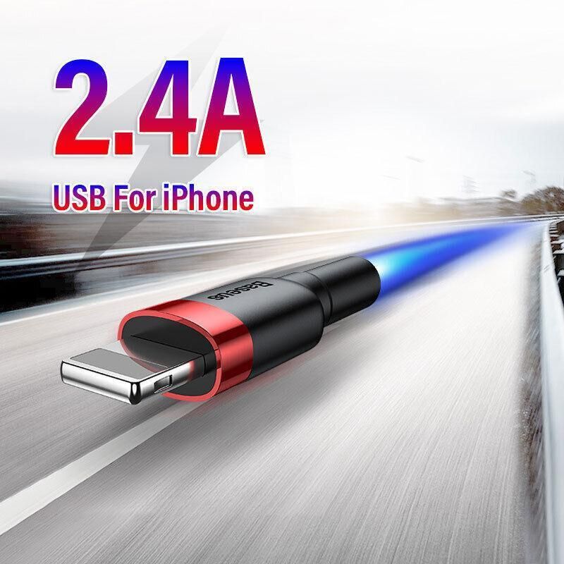 Grey Black Genuine BASEUS 2.4A USB to Lighting Charging Cable Cord for iPhone 13 12 Pro XS - 3 m