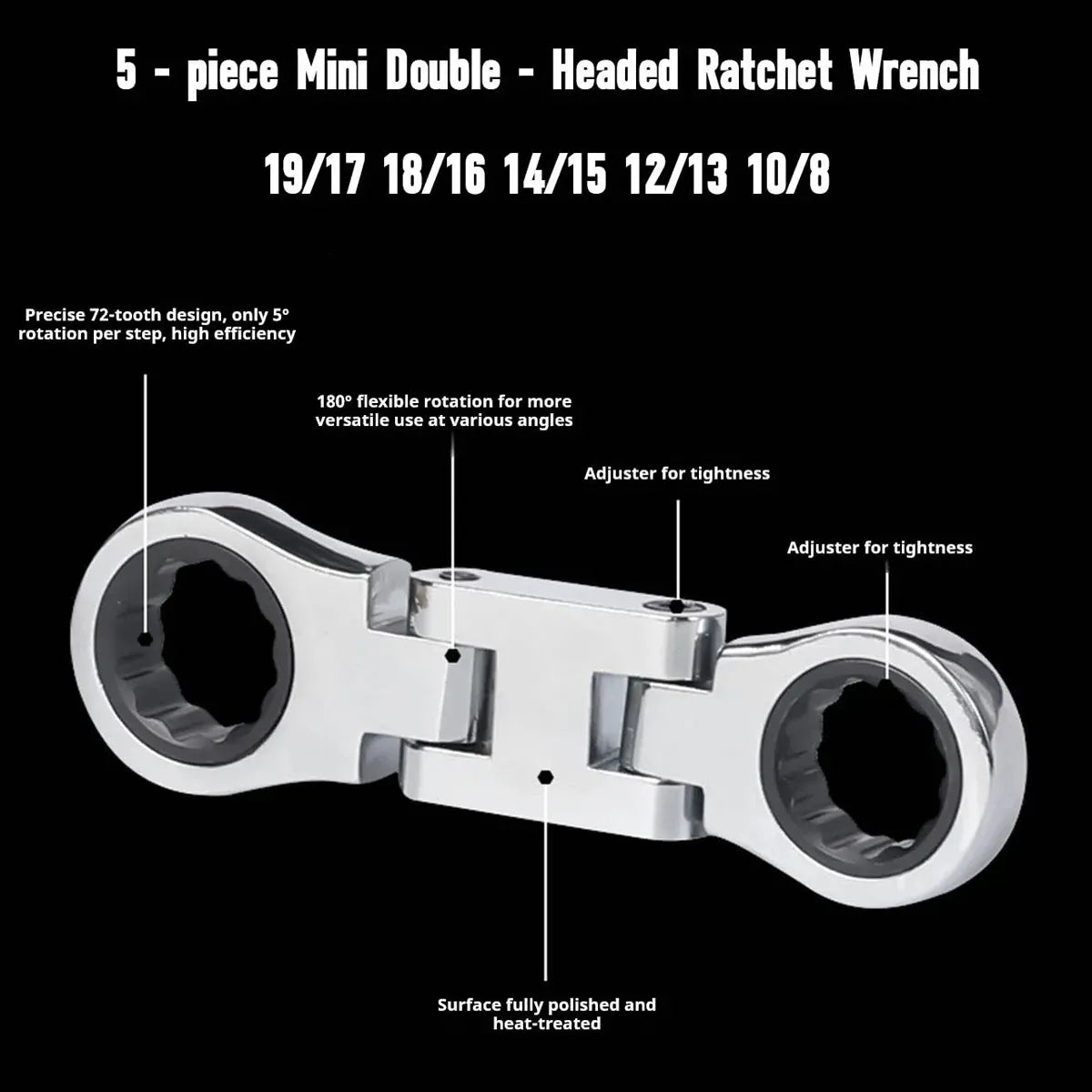 5PCS Flexible Head Ratchet Wrench Set 180 Flexible Rotation for Garage Tool Kit