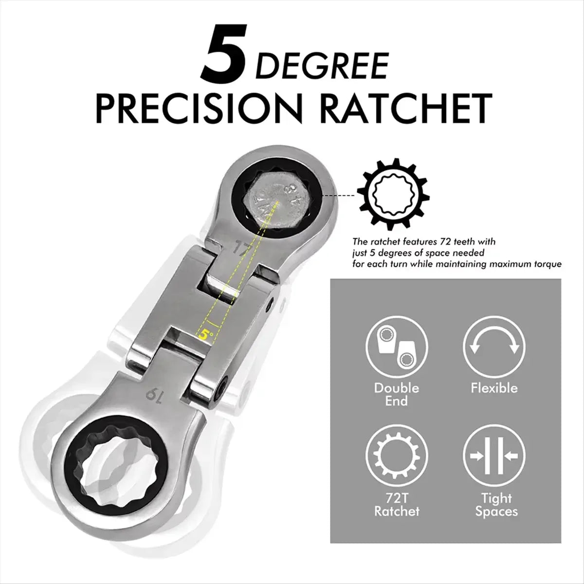 5PCS Flexible Head Ratchet Wrench Set 180 Flexible Rotation for Garage Tool Kit