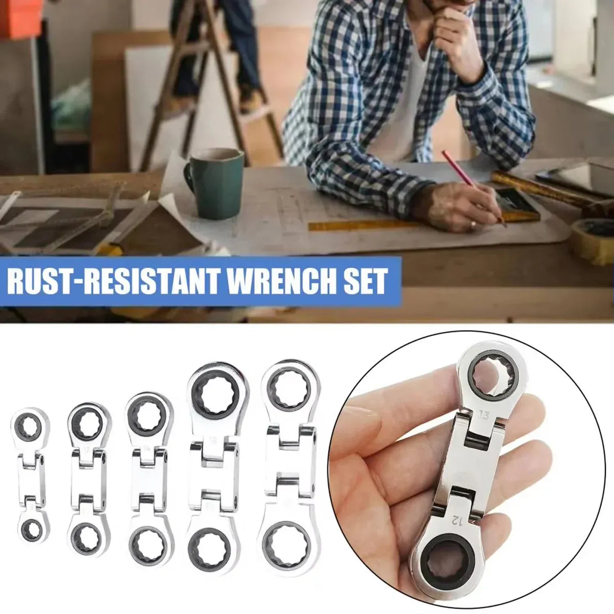 5PCS Flexible Head Ratchet Wrench Set 180 Flexible Rotation for Garage Tool Kit
