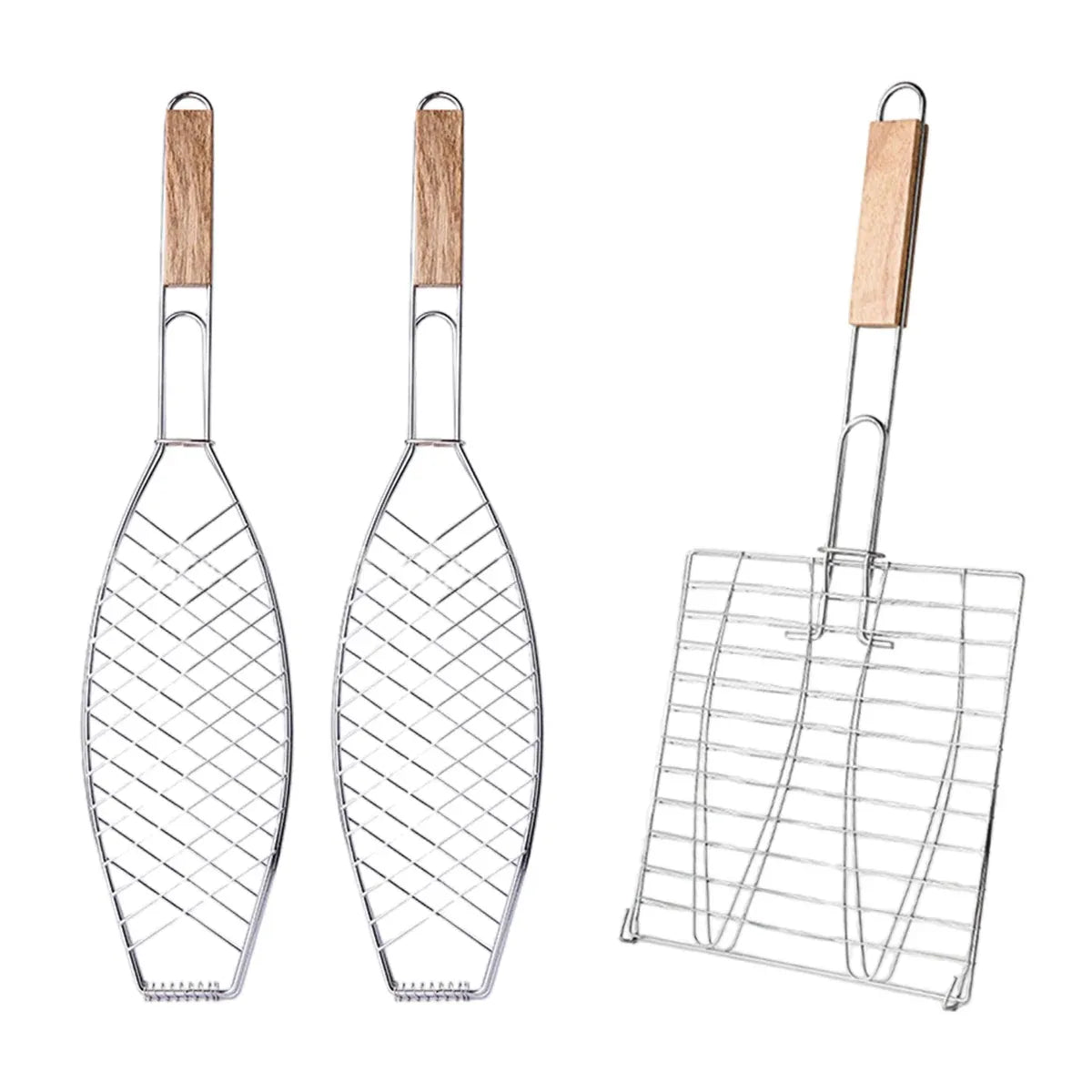 Barbecue Net Clamp Iron Wire Mesh with Wooden Handle for Camping Grill - 43x15cm