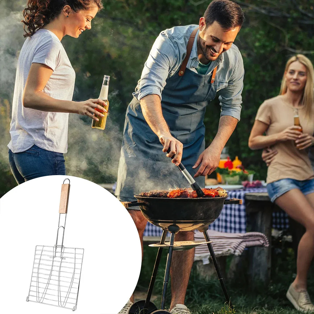 Barbecue Net Clamp Iron Wire Mesh with Wooden Handle for Camping Grill - 43x15cm