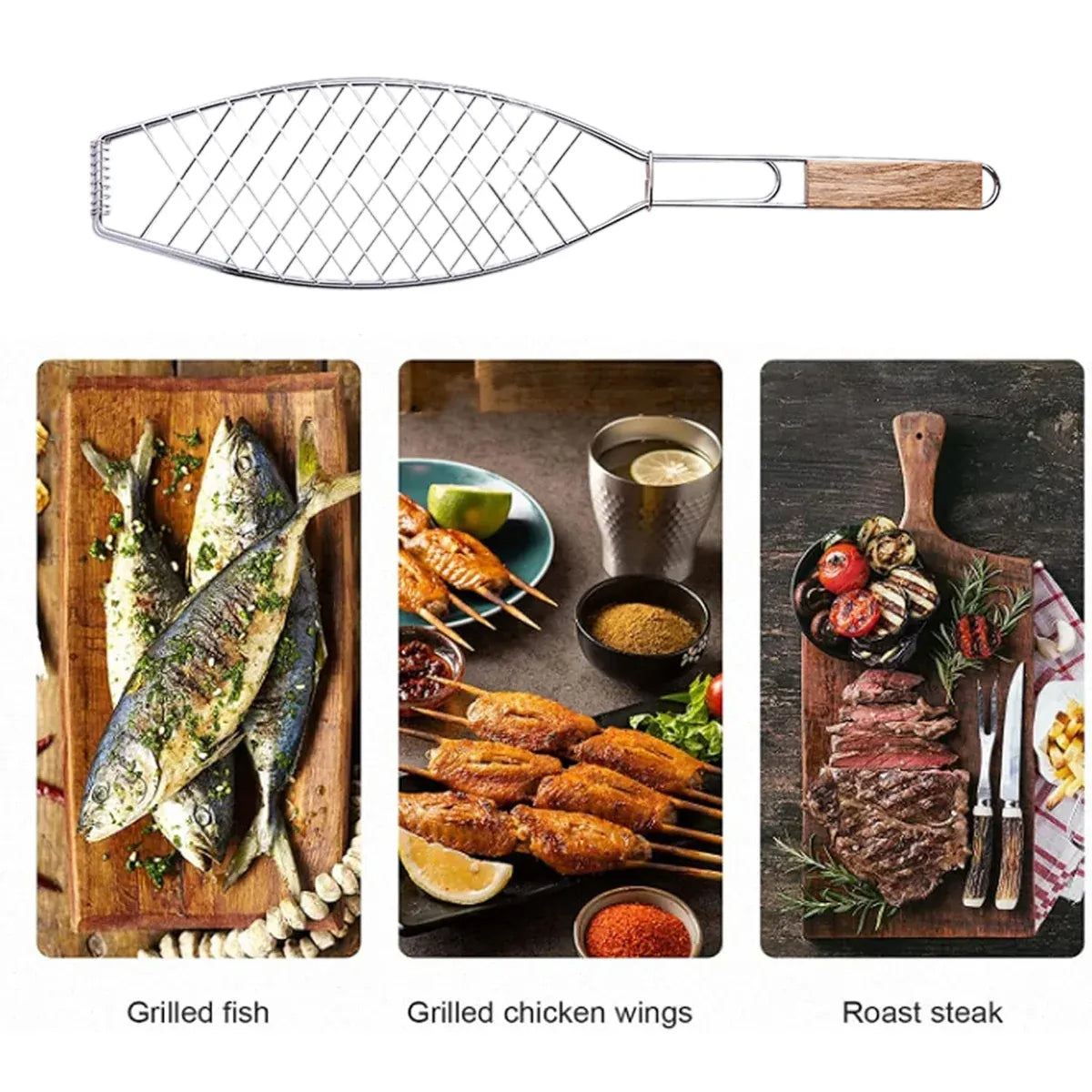 Barbecue Net Clamp Iron Wire Mesh with Wooden Handle for Camping Grill - 43x15cm