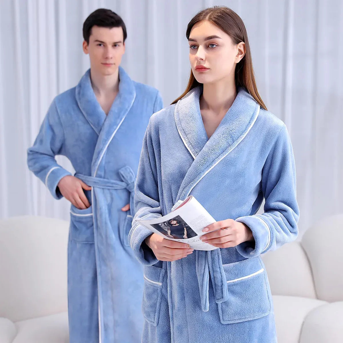 Flannel Bathrobe Set Autumn Winter Coral Fleece Nightgown for Men and Women Warm - Grey