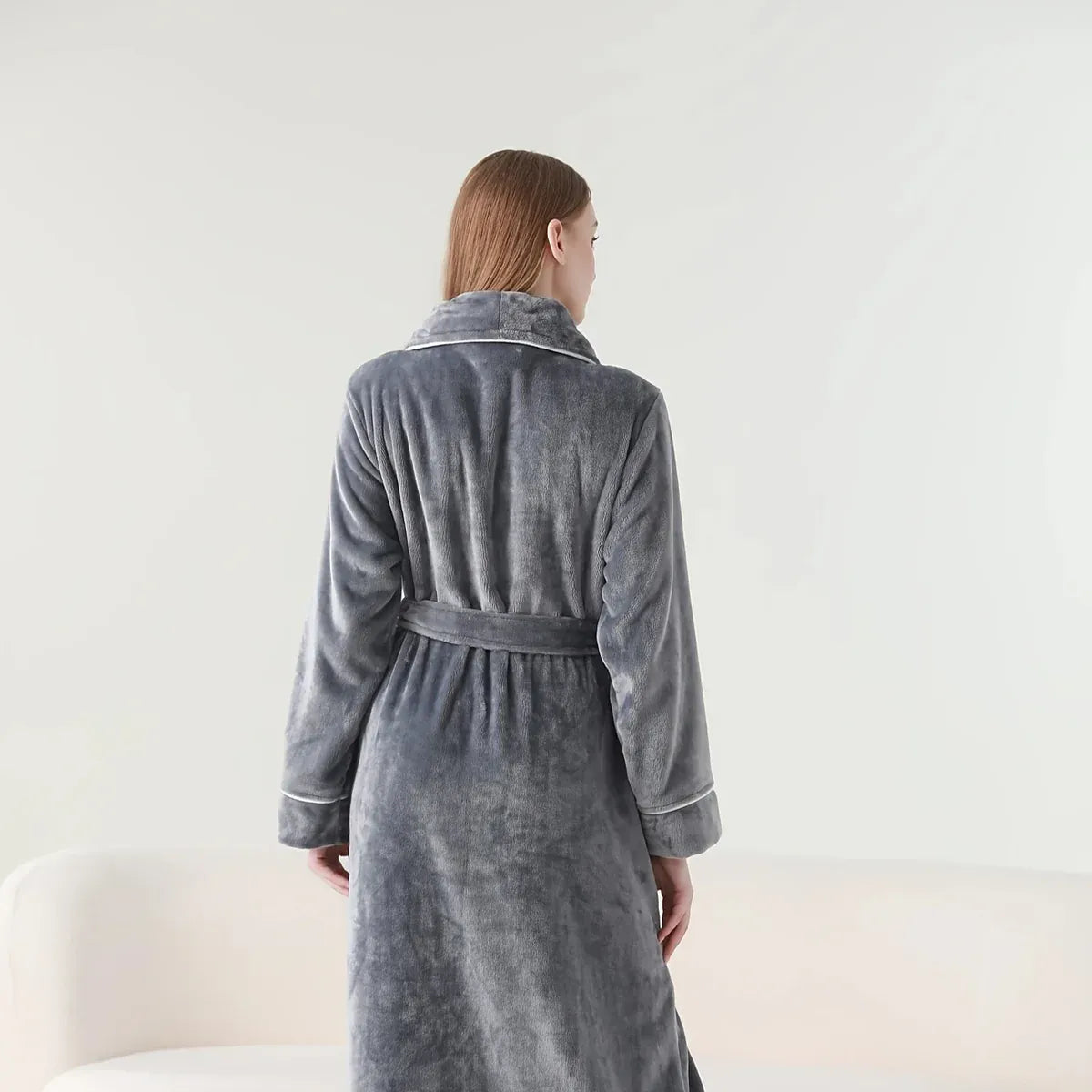 Flannel Bathrobe Set Autumn Winter Coral Fleece Nightgown for Men and Women Warm - Grey