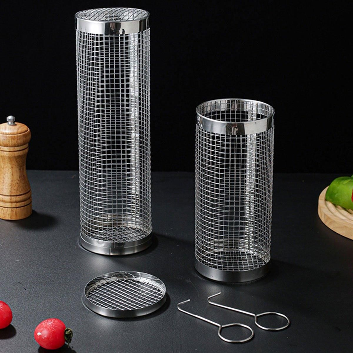 2pcs BBQ Basket Round Grill Cage Portable Rotating Net for Outdoor Cooking - Large