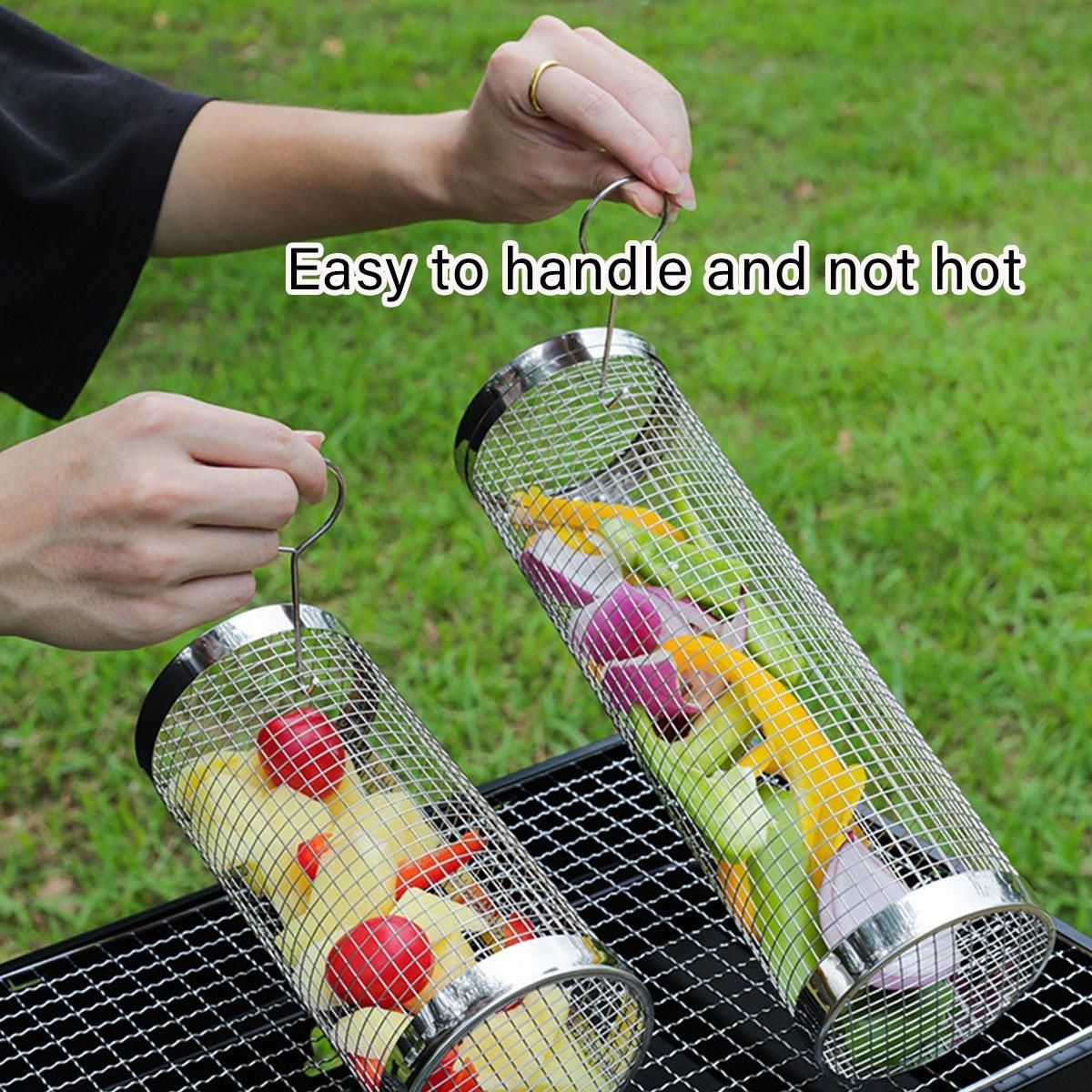 2pcs BBQ Basket Round Grill Cage Portable Rotating Net for Outdoor Cooking - Small