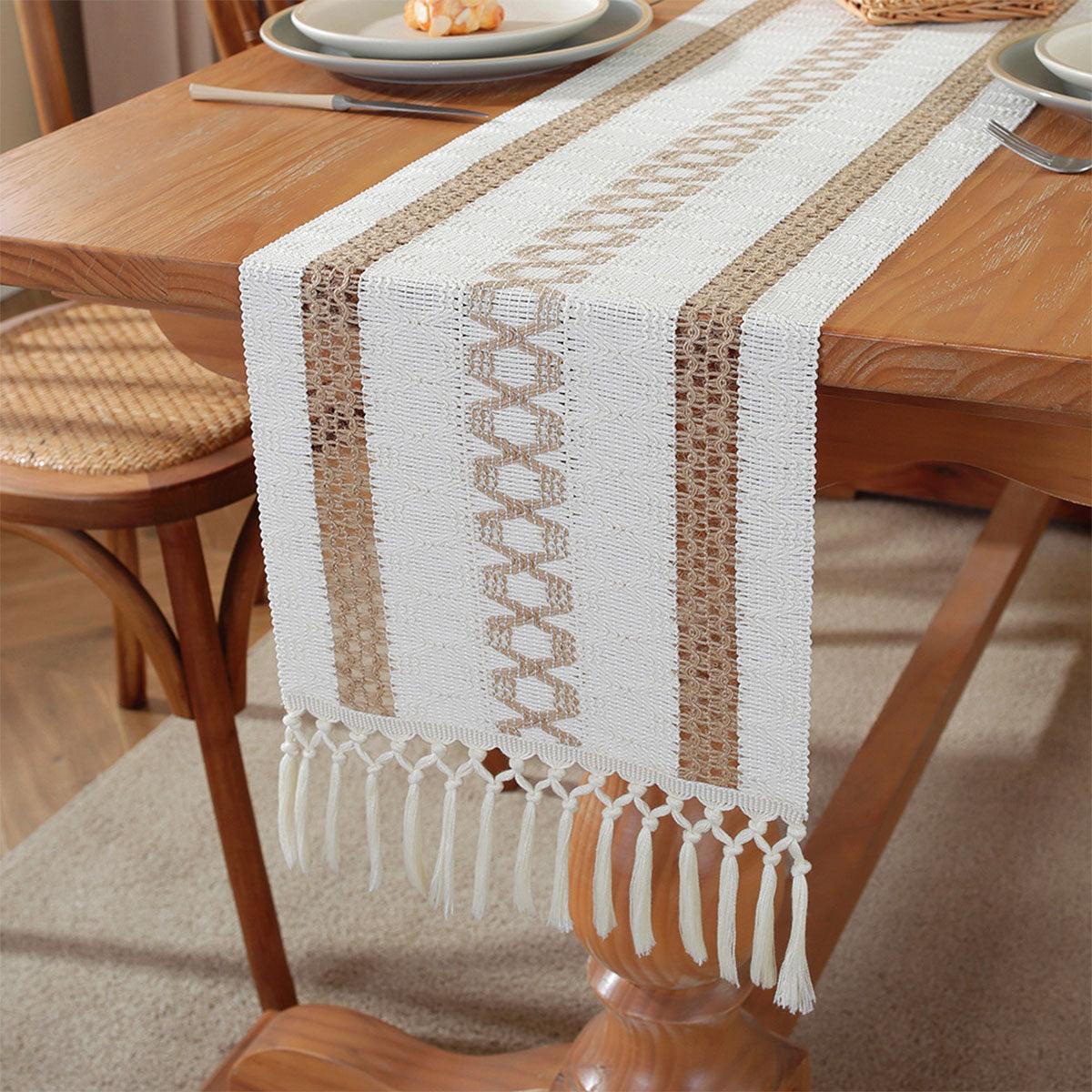 Cotton Linen Table Runner with Knot Tassel Bed End Towel Long Tablecloth Mat - Beige