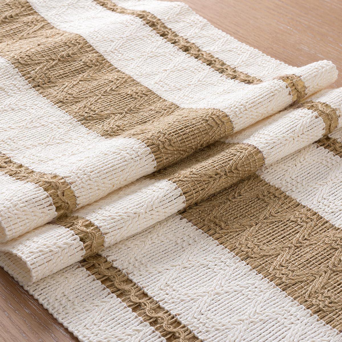 Cotton Linen Table Runner with Knot Tassel Bed End Towel Long Tablecloth Mat - Beige