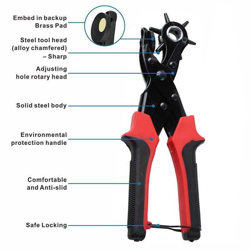 Heavy Duty Leather Hole Punch Tool with 6 Size Revolving Head for Belt and Fabric