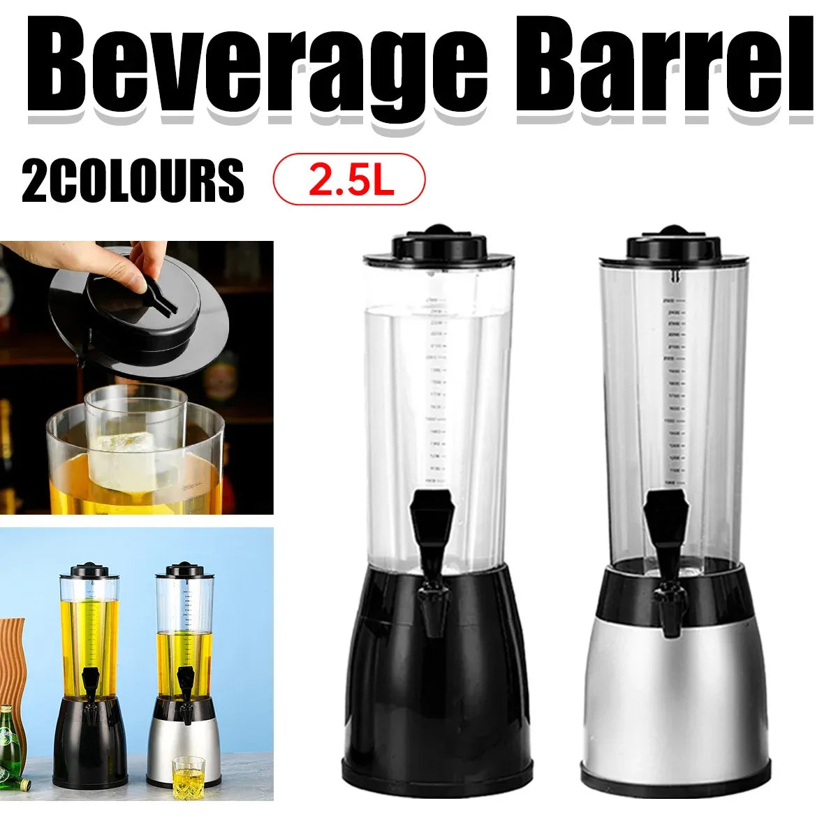 2.5L Beer Tower Beverage Dispenser Clear for Bar Party Home KTV Drink Serving - Black