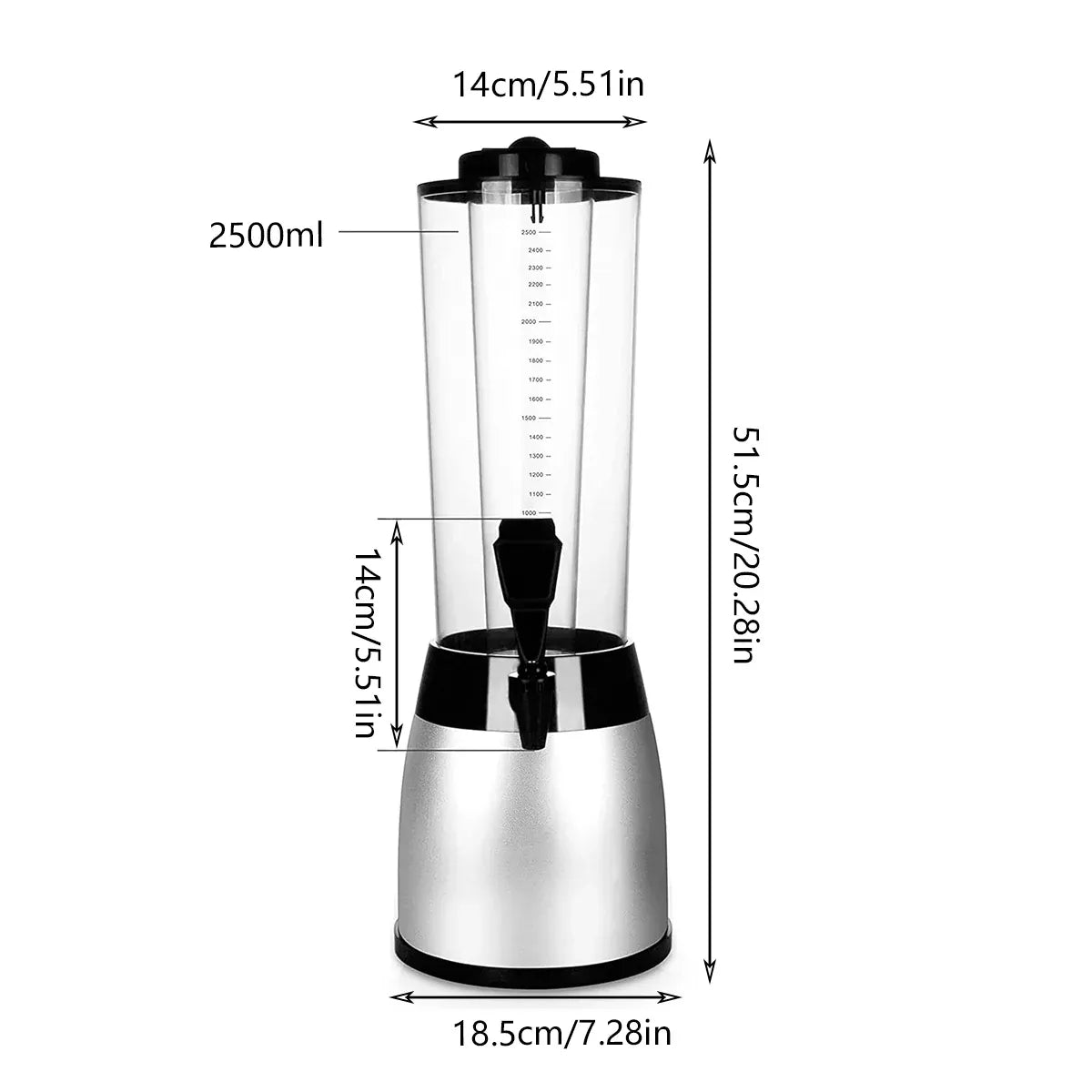 2.5L Beer Tower Beverage Dispenser Clear for Bar Party Home KTV Drink Serving - Silver