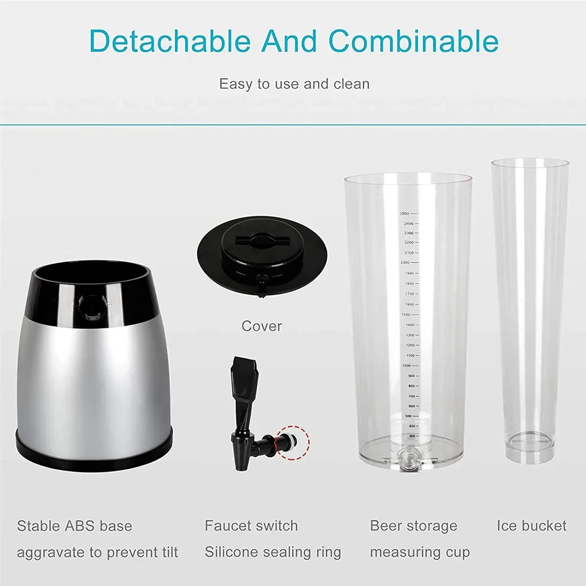 2.5L Beer Tower Beverage Dispenser Clear for Bar Party Home KTV Drink Serving - Silver