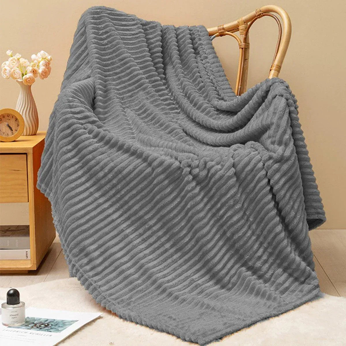 Grey Flannel Stripe Blanket Nap Lounge Throw For Sofa Cover Warm Bed Blanket