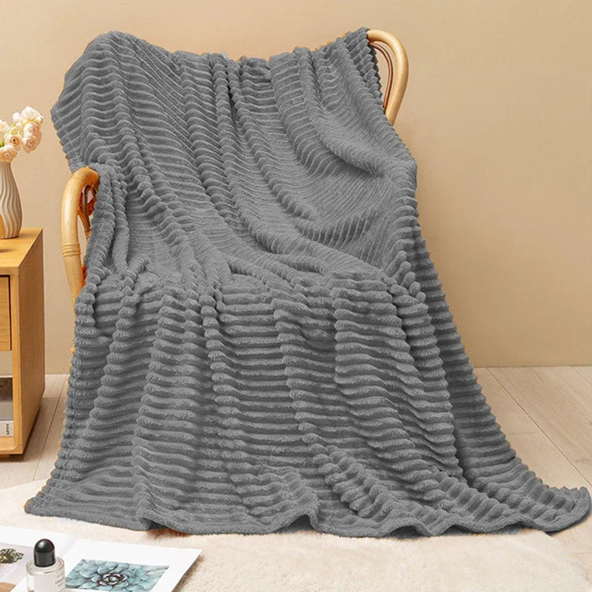 Grey Flannel Stripe Blanket Nap Lounge Throw For Sofa Cover Warm Bed Blanket
