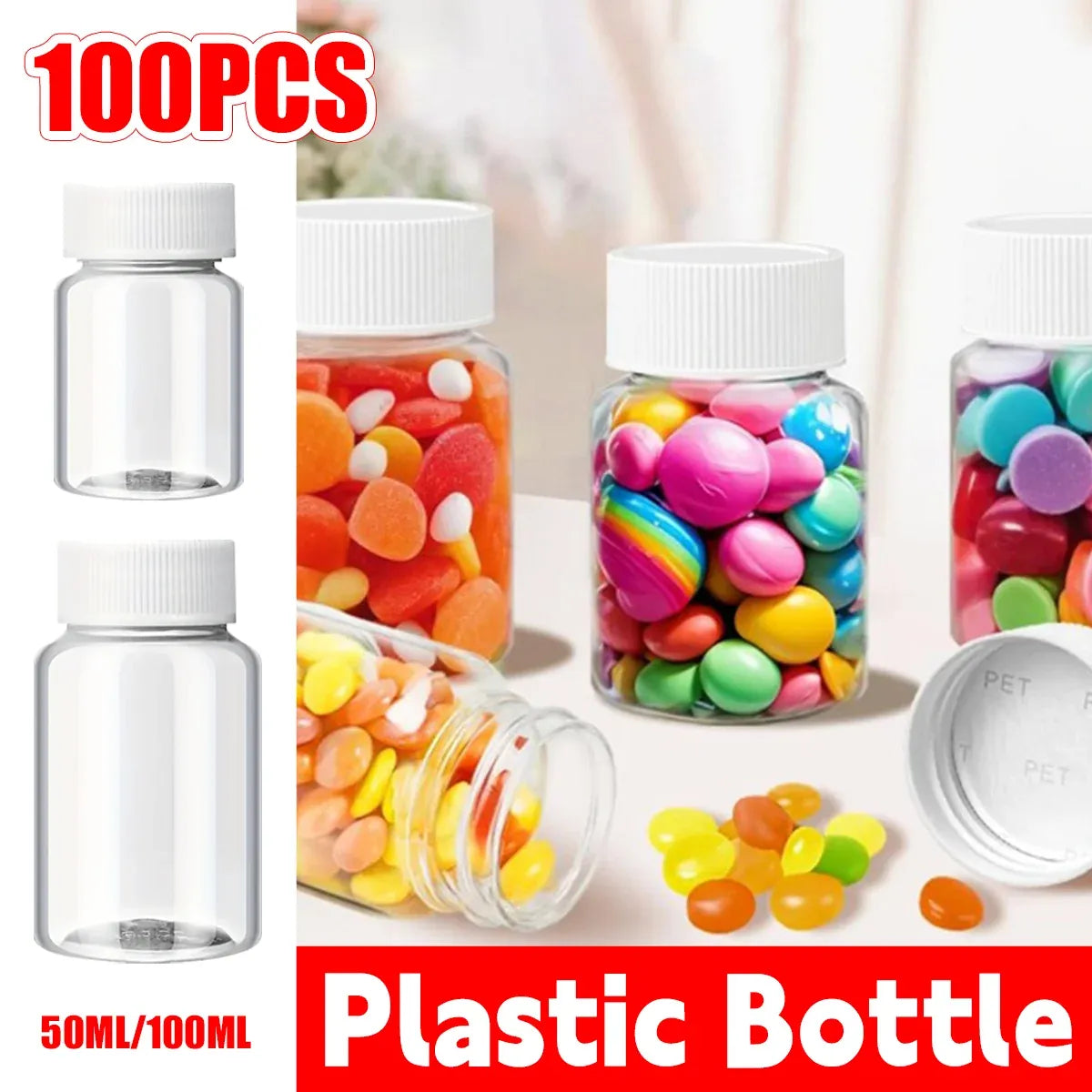 100Pcs Wide Mouth Clear Plastic Bottle with Lid 50/100ml Leakproof Storage Jars - 100ML