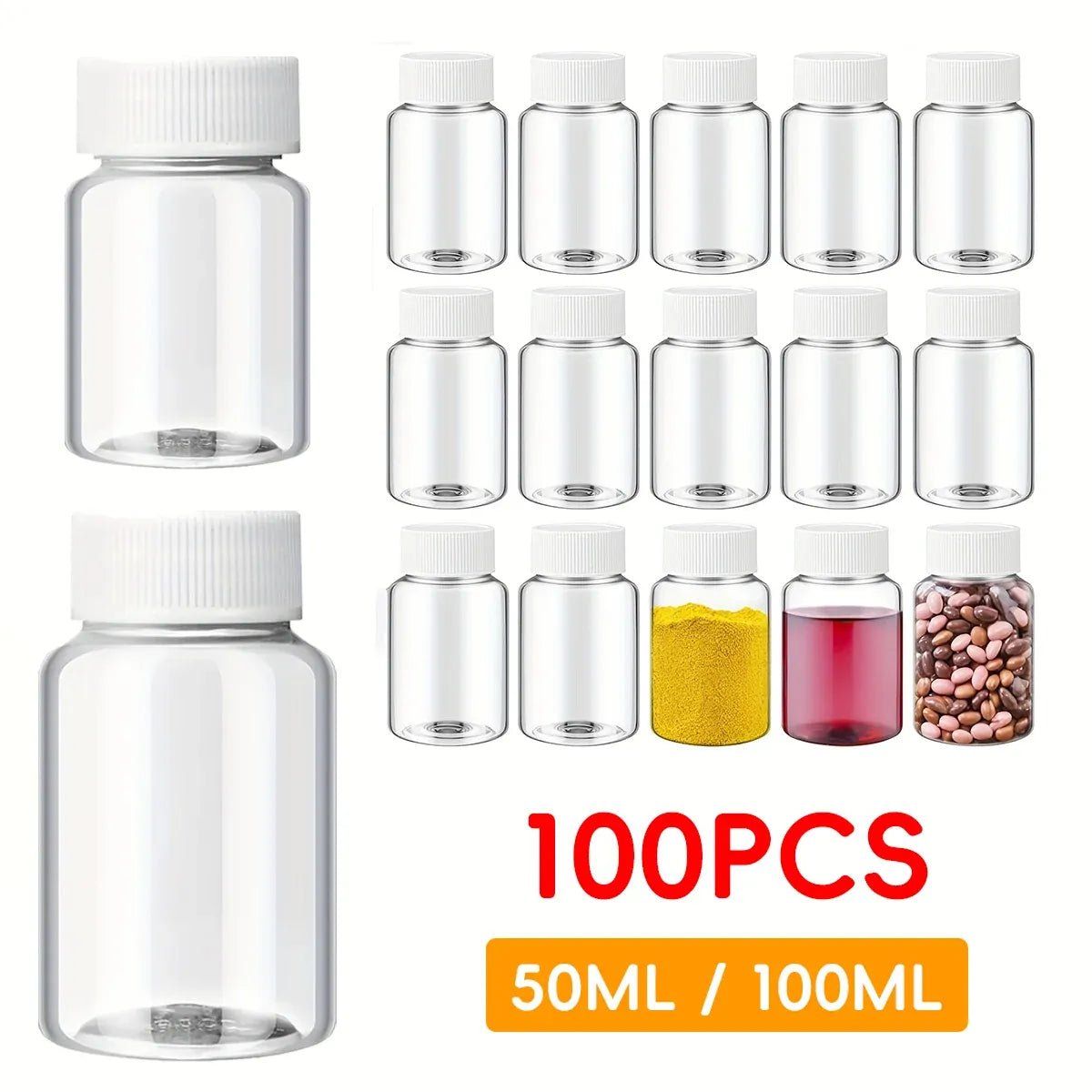 100Pcs Wide Mouth Clear Plastic Bottle with Lid 50/100ml Leakproof Storage Jars - 100ML