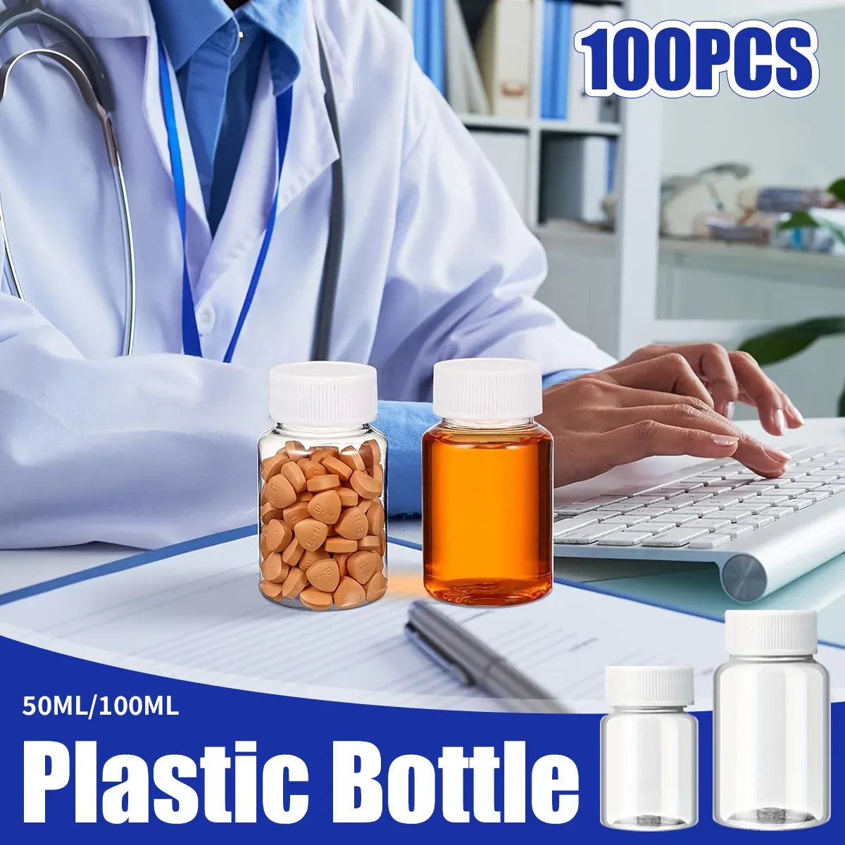 100Pcs Wide Mouth Clear Plastic Bottle with Lid 50/100ml Leakproof Storage Jars - 100ML