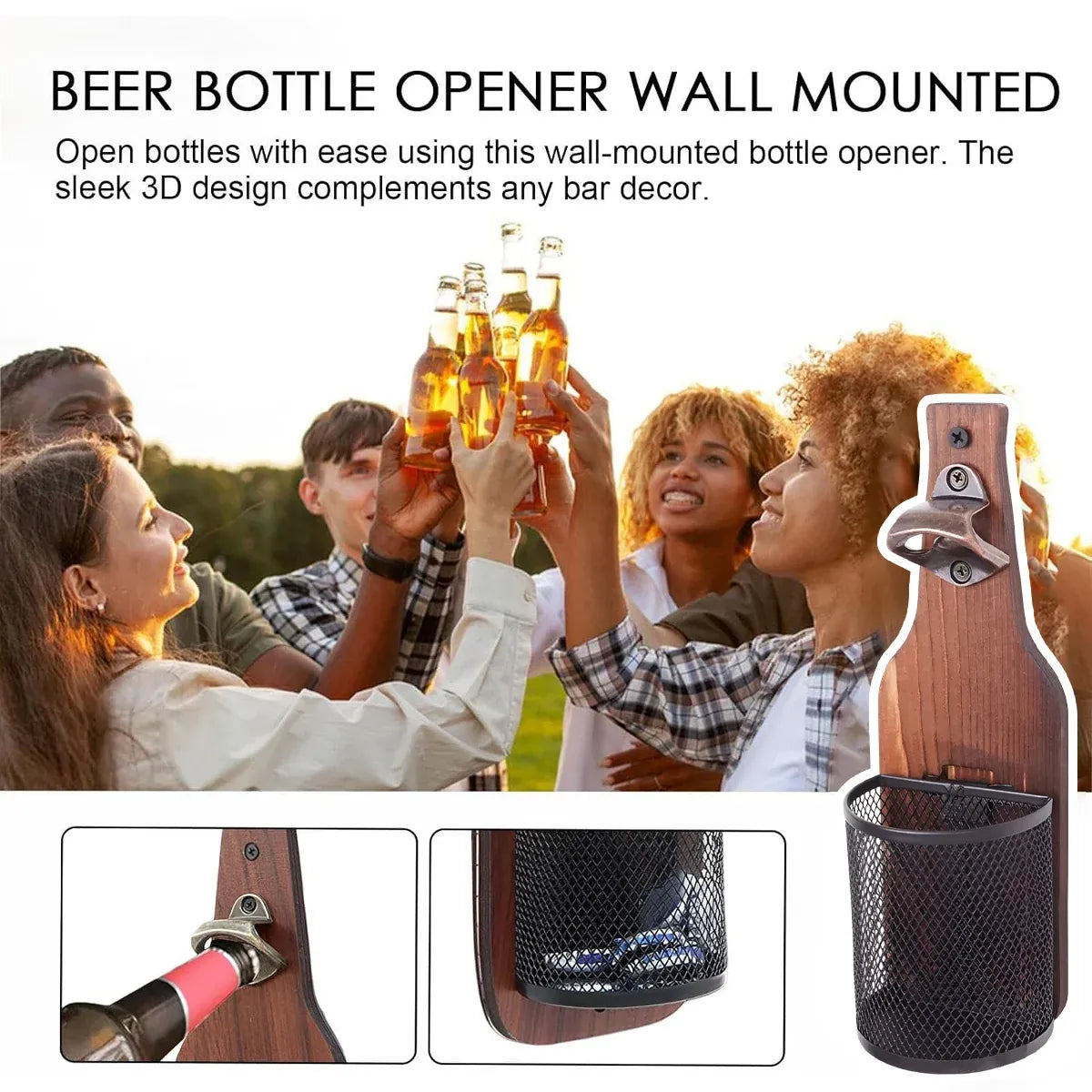 Wooden Wall Mounted Bottle Opener Solid Wood Beer Opener Rustic Home Bar Kitchen