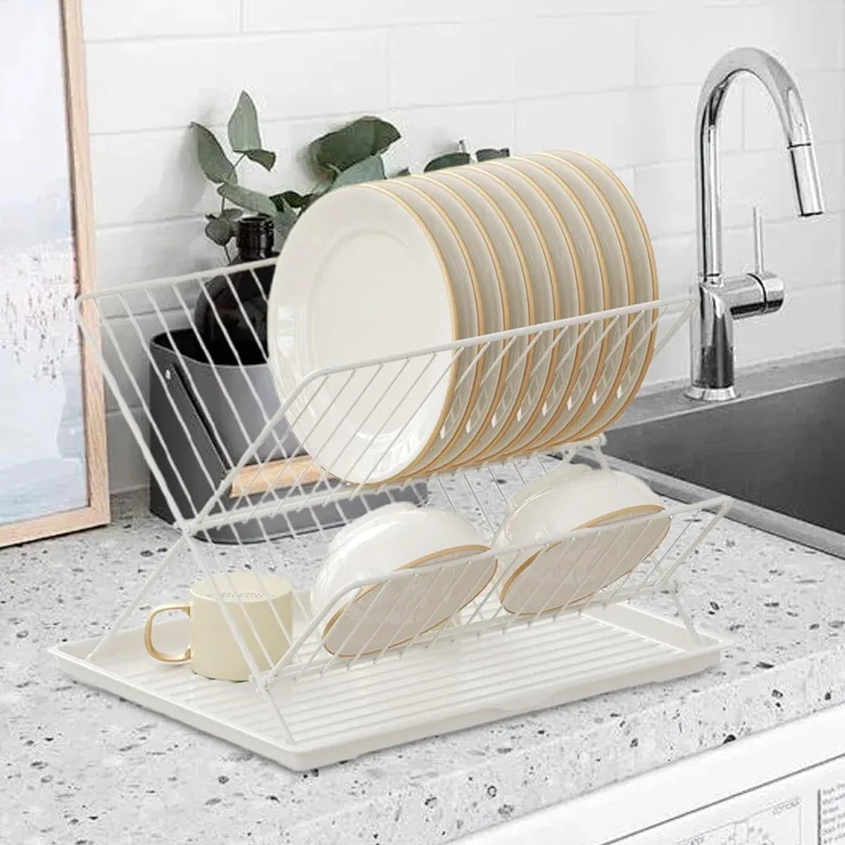 Kitchen Storage Rack Bowl Rack Household Draining Rack Multi-Functional Organizer - White