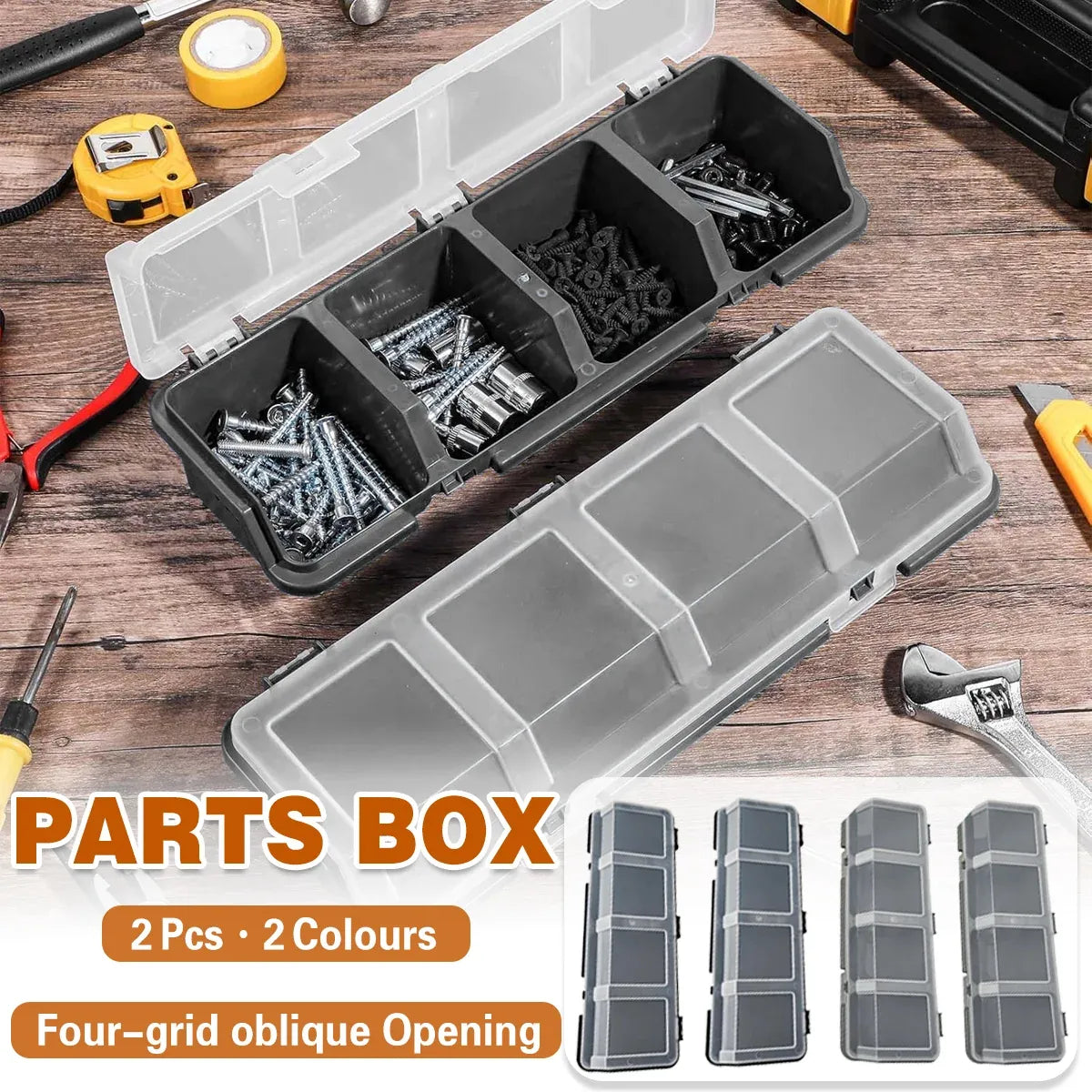 4-Grid Parts Storage Box Plastic Electronic Hardware Accessory Case with Lid ﻿ - Grey