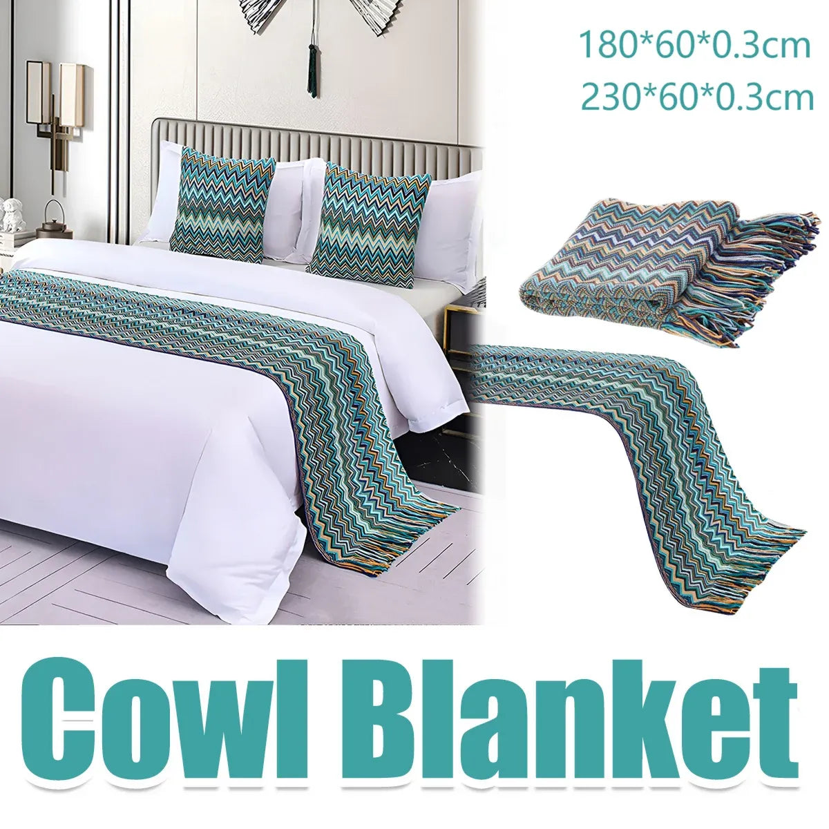 Peacock Blue Houndstooth Bed Runner Decorative Throw for Hotel or Home Bedding - 60x180cm