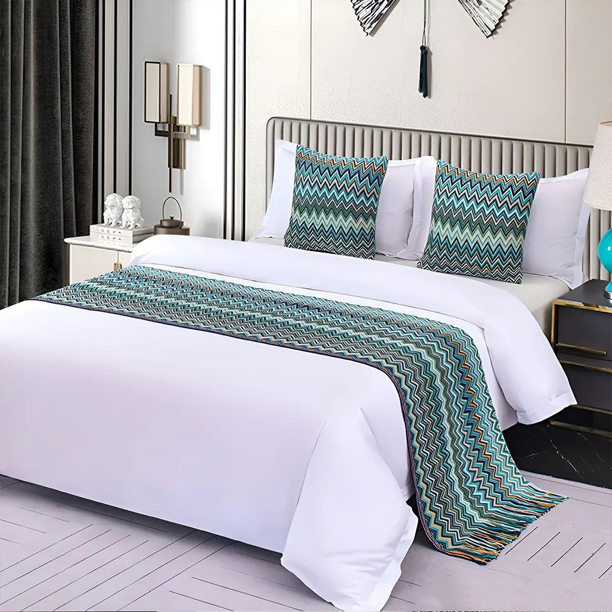 Peacock Blue Houndstooth Bed Runner Decorative Throw for Hotel or Home Bedding - 60x180cm