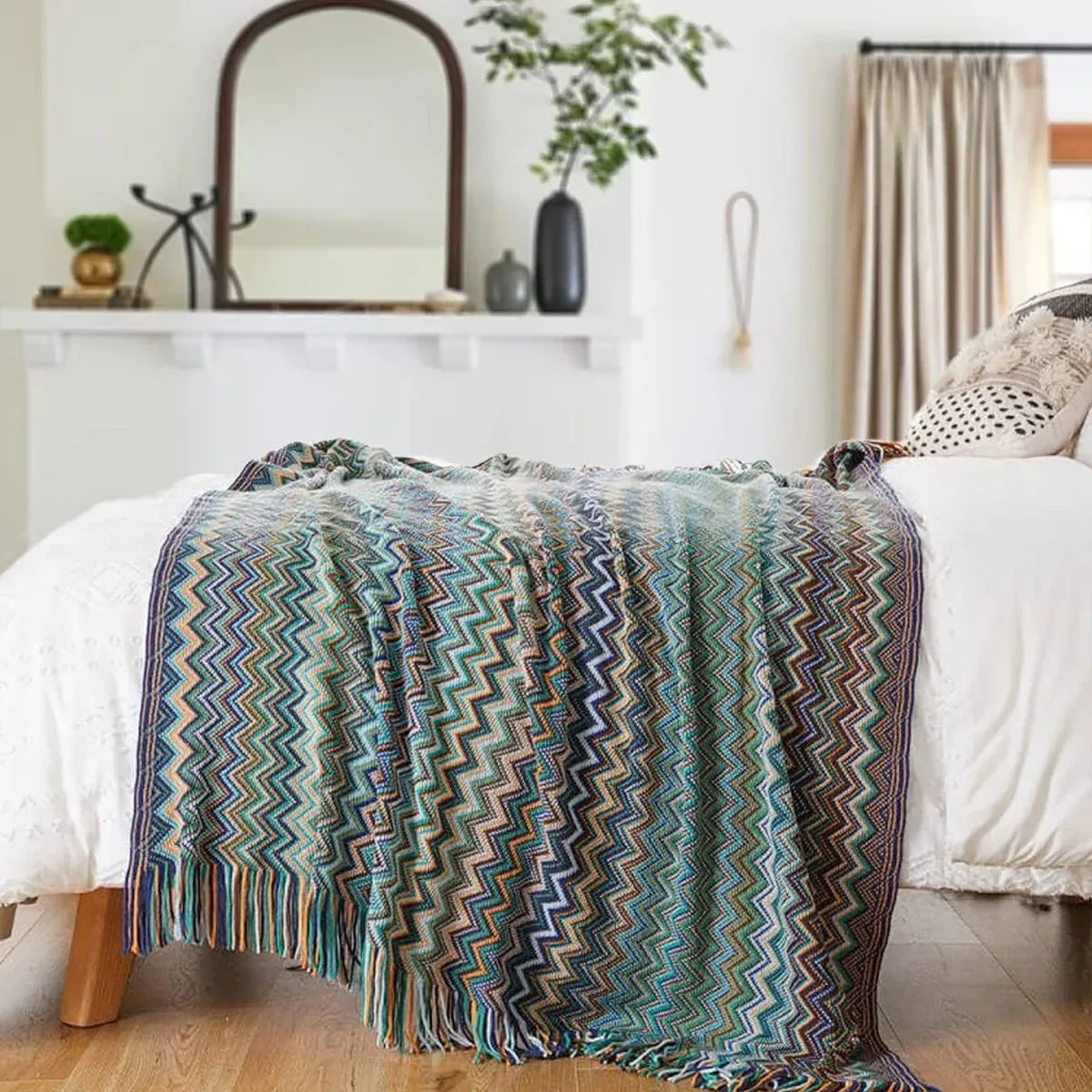 Peacock Blue Houndstooth Bed Runner Decorative Throw for Hotel or Home Bedding - 60x180cm