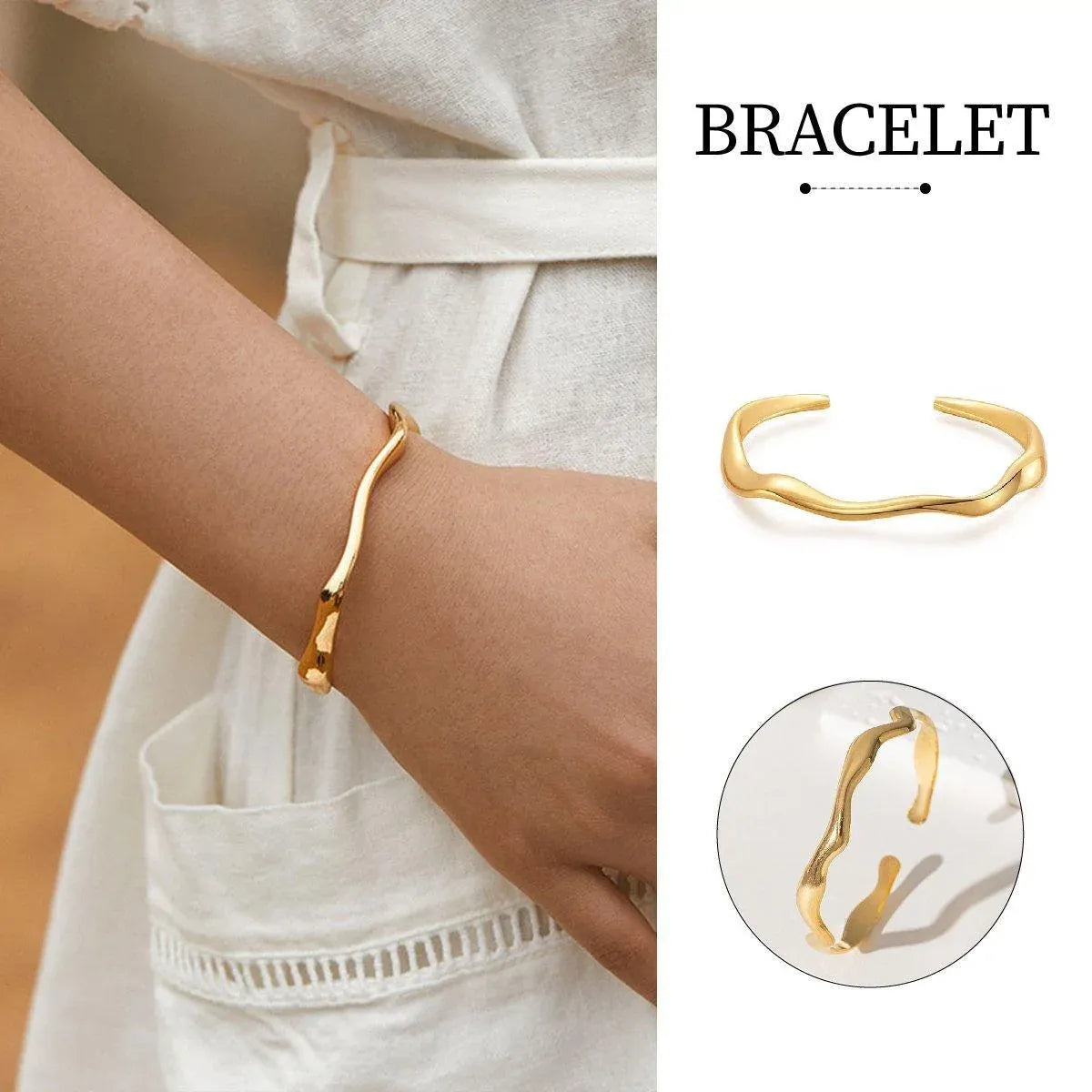 1-Piece Gold-Tone Wavy Open Cuff Bracelet