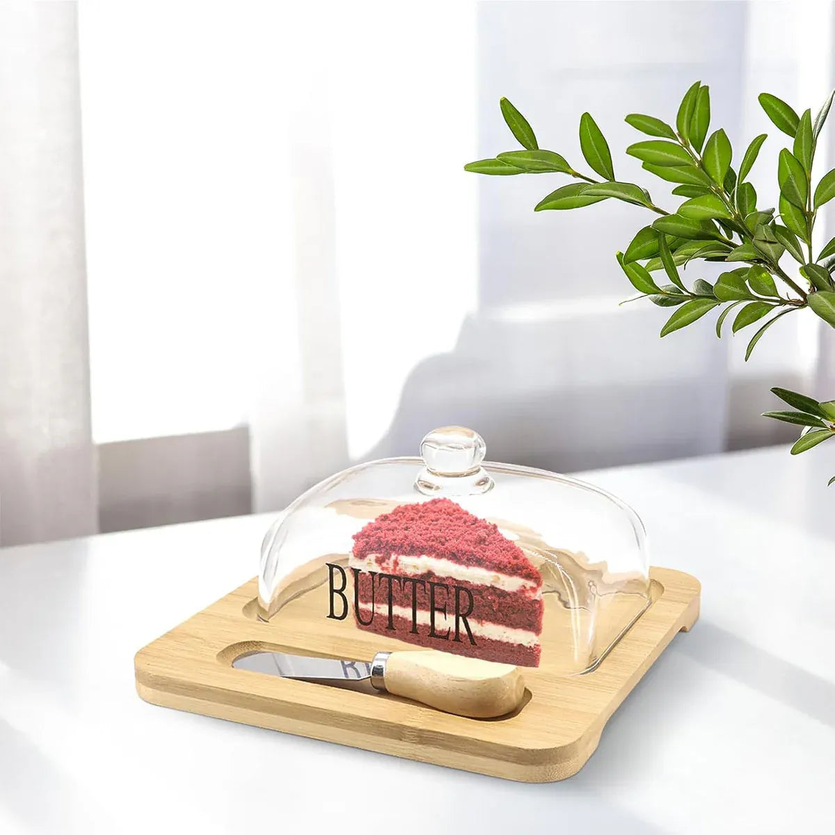 Butter Dish Glass Lid Cheese Cake Dessert Box Storage Container Kitchen Table