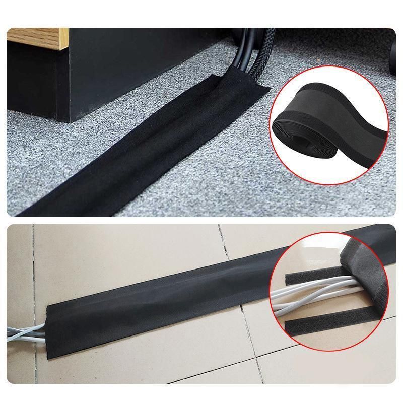 Cable Cover Nylon Sticky Wire Protector Floor Blanket Reusable Cord Tube Cover - Black-3Meter(with adhesive)-Floor
