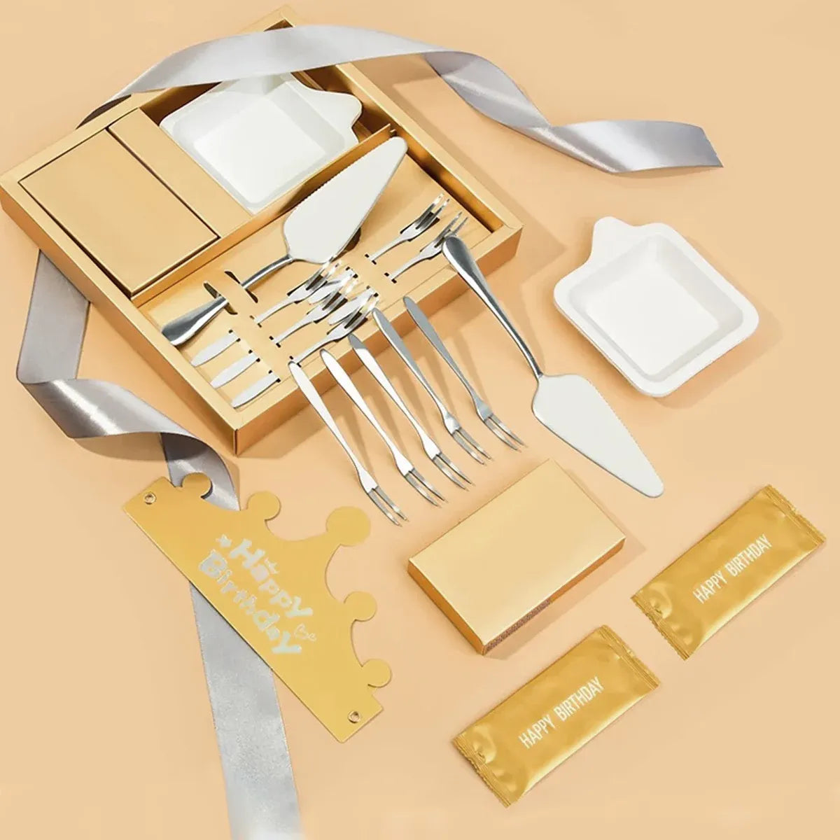 Stainless Steel Cake Knife Fork Plate Set With Candles For Party Dessert Serving