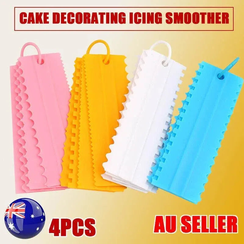 4PCS Cake Decorating Scraper Set Icing Smoother and Frosting Comb Tools - Pink