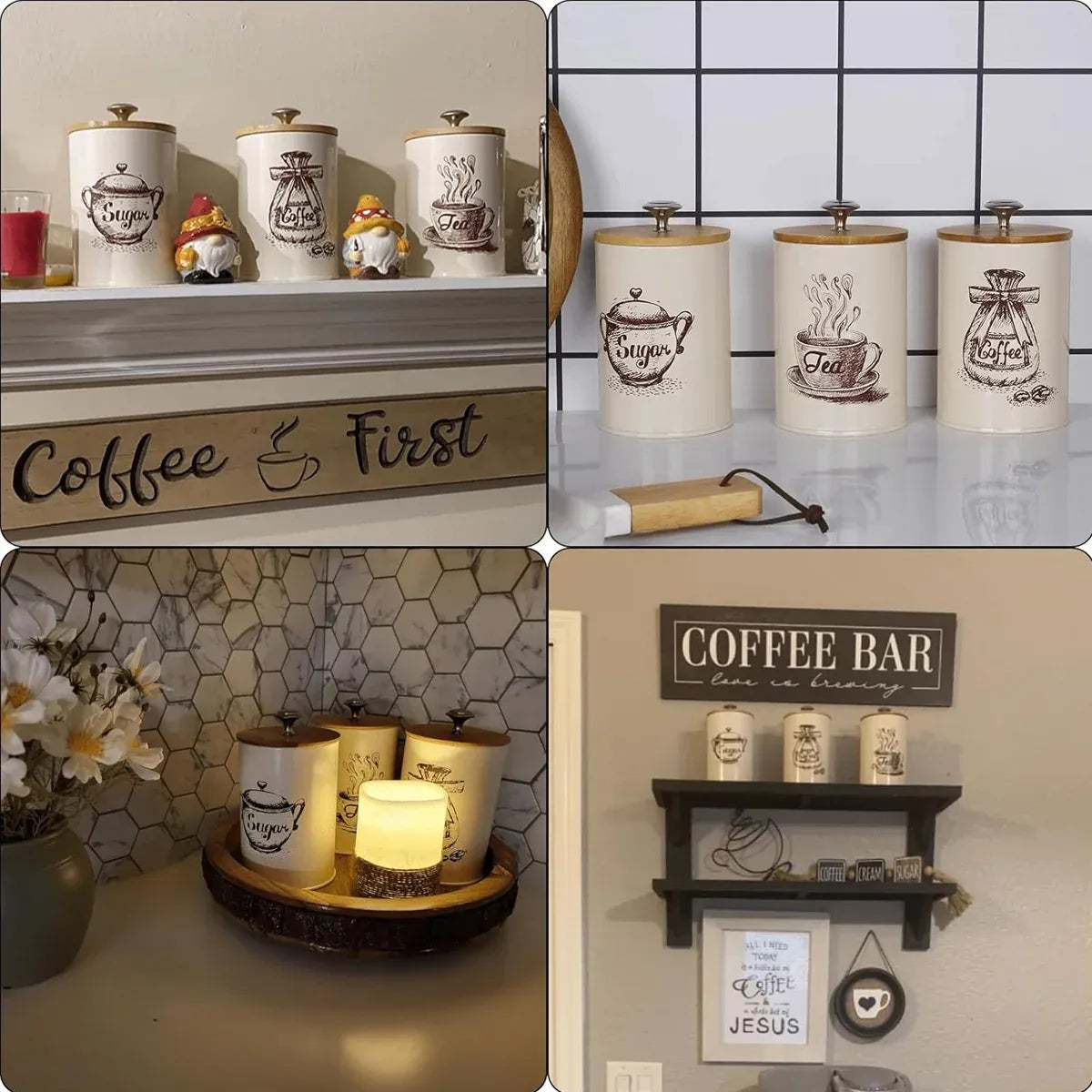 3PCS Bamboo Lid Sealed Storage Jar Coffee Sugar Tea Container for Home Use