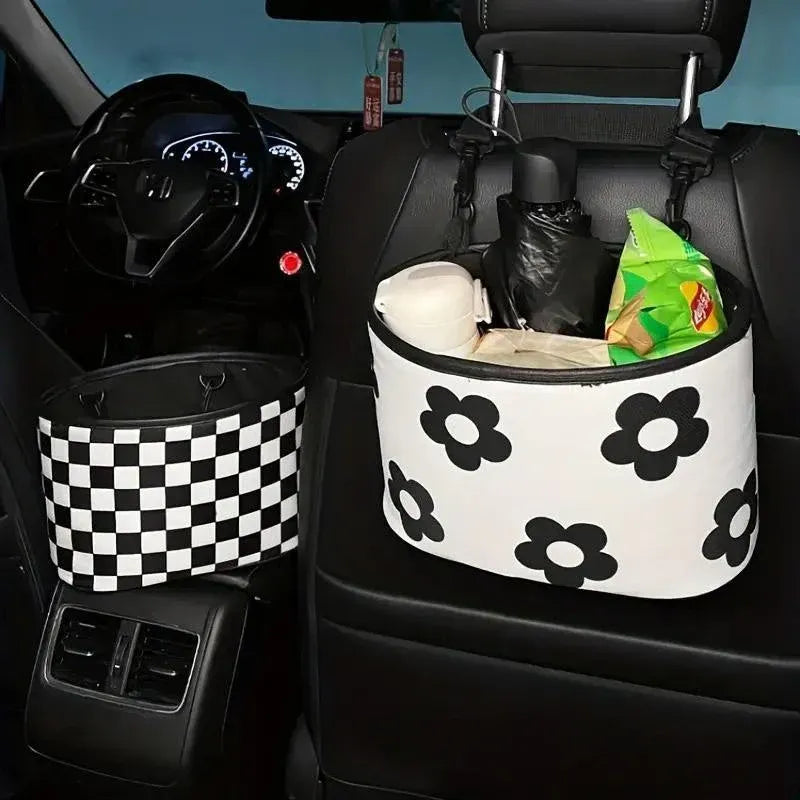 Hanging Backseat Storage Organiser Box for Car Rubbish and Essentials - Black and white
