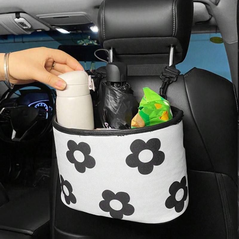 Hanging Backseat Storage Organiser Box for Car Rubbish and Essentials - Black and white
