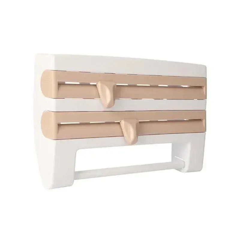 4In1 Wall Mount Kitchen Holder Foil Towel Roll Cling Wrap Rack Dispenser Cutter - Khaki