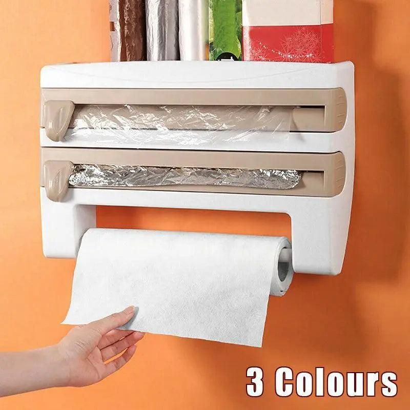 4In1 Wall Mount Kitchen Holder Foil Towel Roll Cling Wrap Rack Dispenser Cutter - Khaki