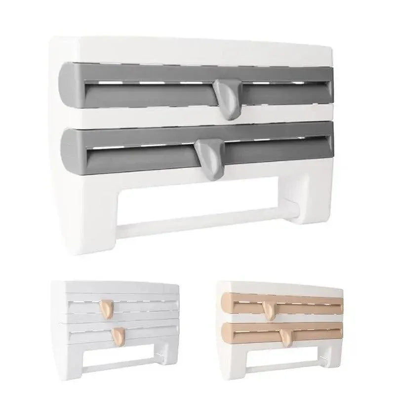 4In1 Wall Mount Kitchen Holder Foil Towel Roll Cling Wrap Rack Dispenser Cutter - Khaki