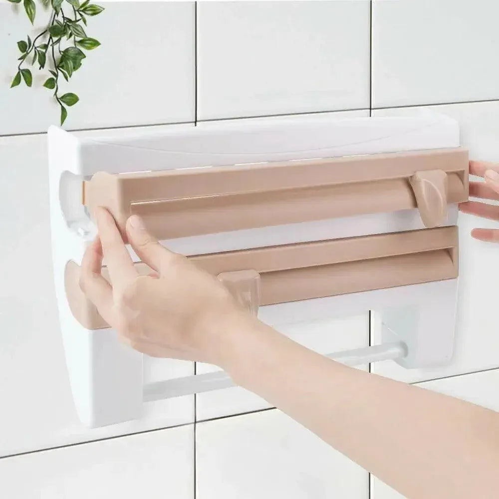 4In1 Wall Mount Kitchen Holder Foil Towel Roll Cling Wrap Rack Dispenser Cutter - Khaki