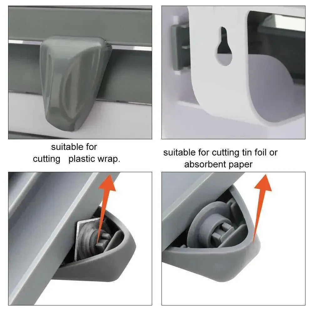 4In1 Wall Mount Kitchen Holder Foil Towel Roll Cling Wrap Rack Dispenser Cutter - Khaki