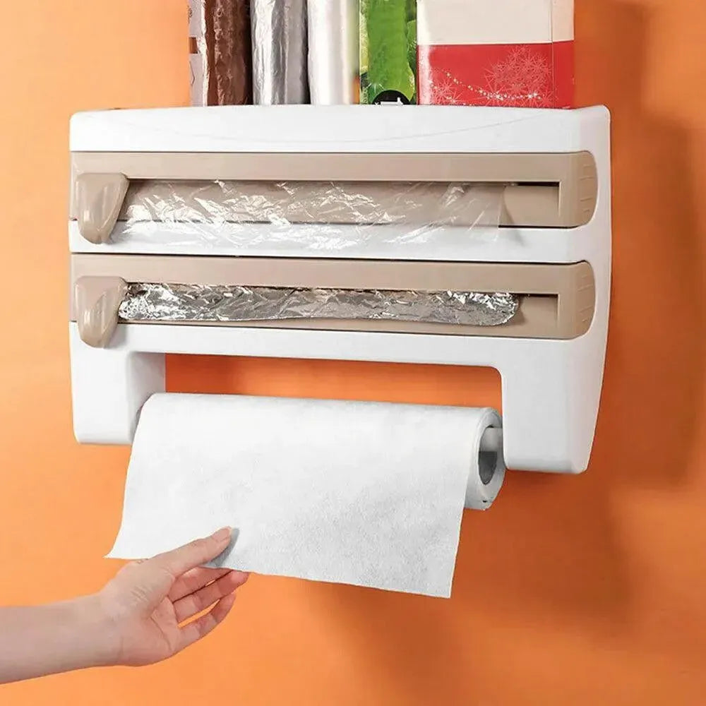 4In1 Wall Mount Kitchen Holder Foil Towel Roll Cling Wrap Rack Dispenser Cutter - Khaki